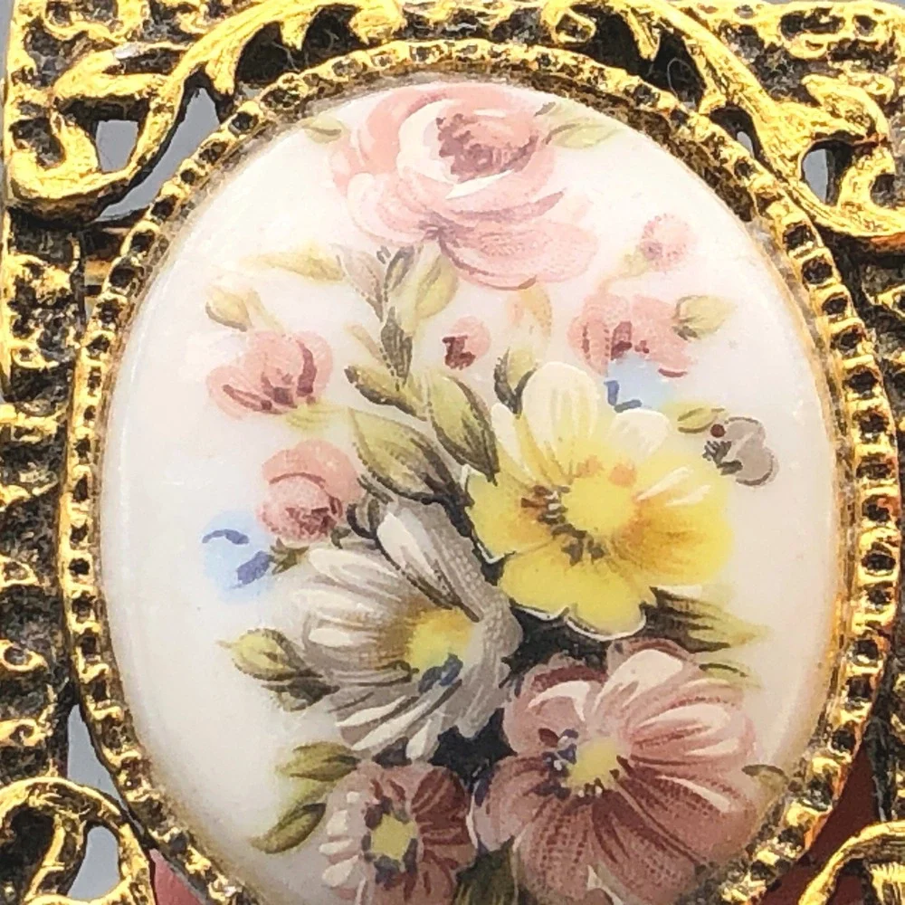 Vintage Floral Brooch Pendant Painted‎ Porcelain Transferware Flowers Cabochon